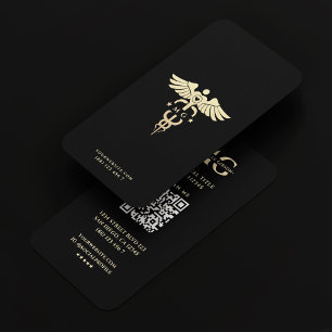 Modern Medical Nurse Gold Caduceus Black  Business Card