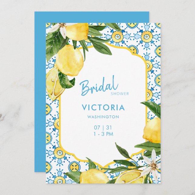 Modern Mediterranean Blue & Lemons Bridal Shower I Invitation (Front/Back)