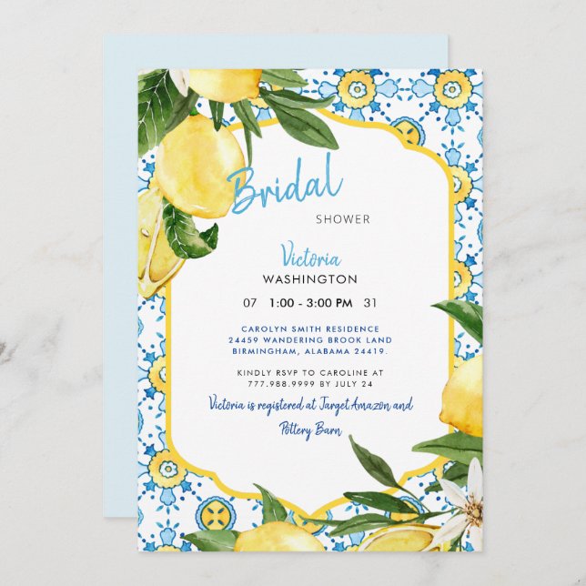 Modern Mediterranean Blue & Lemons II Bridal  Invitation (Front/Back)