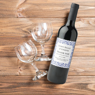 Modern Mediterranean Blue Mosaic Wedding Wine Label