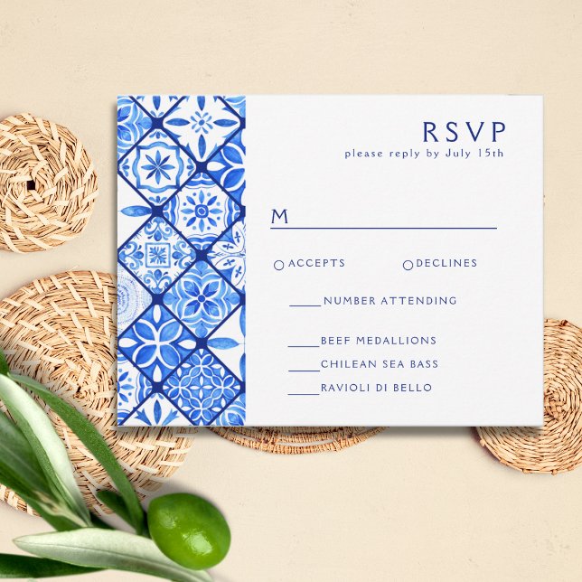 Modern Mediterranean Blue Tile Wedding RSVP Card (Creator Uploaded)