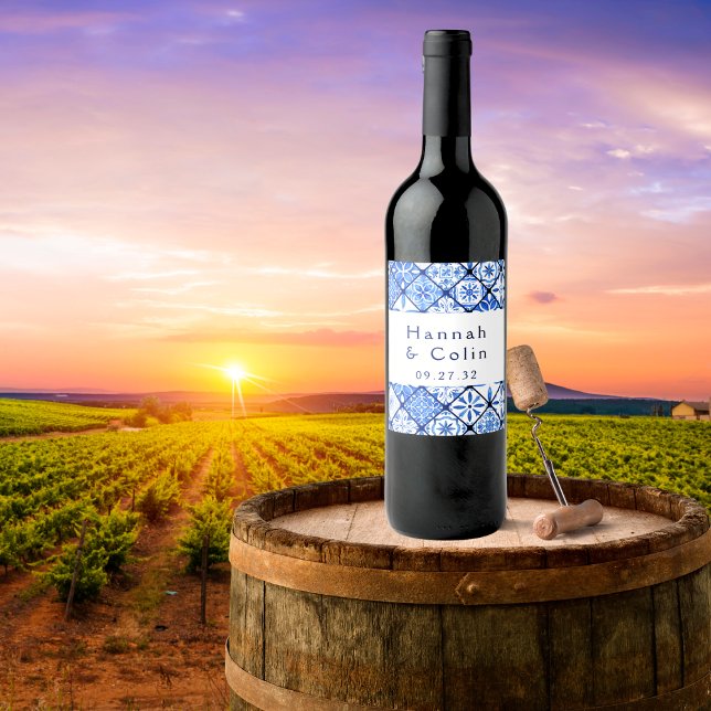 Modern Mediterranean Blue Tile Wedding Wine Label (Creator Uploaded)