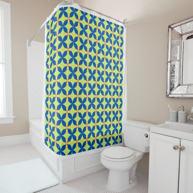 Modern Mediterranean Blue Yellow Geometric Shower  Curtain (In Situ)
