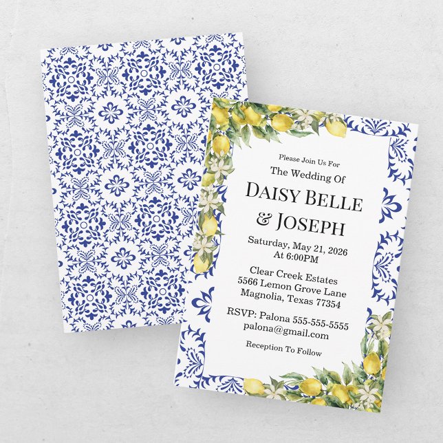 Modern Mediterranean Lemon Blue Mosaic Wedding Invitation (Creator Uploaded)