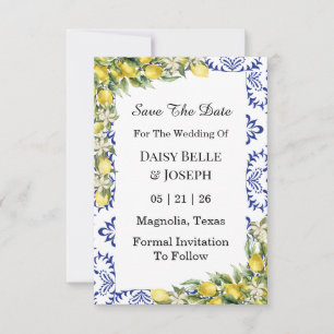 Modern Mediterranean Lemon Blue Mosaic Wedding Save The Date