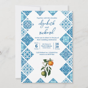 Modern Mediterranean Lemon Blue Tile Wedding Invitation