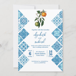 Modern Mediterranean Lemon Blue Tiles Wedding Invitation