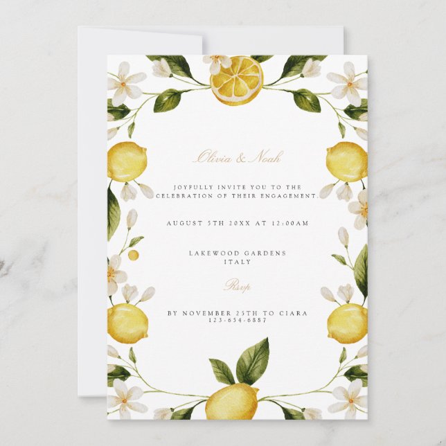 Modern Mediterranean Lemon Engagement Invitation (Front)