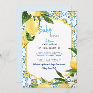 Modern Mediterranean Lemons & Blue Baby Shower  Invitation