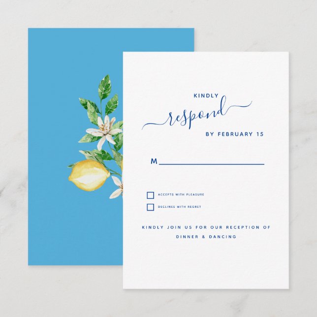 Modern Mediterranean Lemons & Blue Wedding RSVP Card (Front/Back)