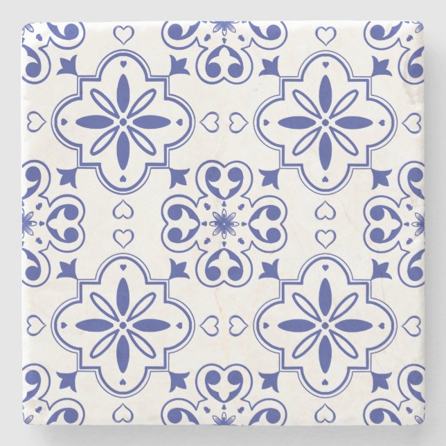 Modern Mediterranean Portuguese Blue White Azulejo Stone Coaster (Front)