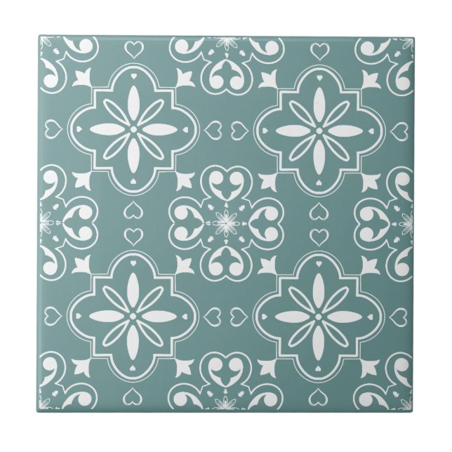 Modern Mediterranean Teal Green White Pattern  Tile (Front)