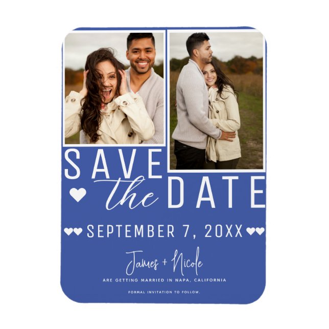 Modern Medium Blue Save the Date 2 Photo Wedding Magnet (Vertical)