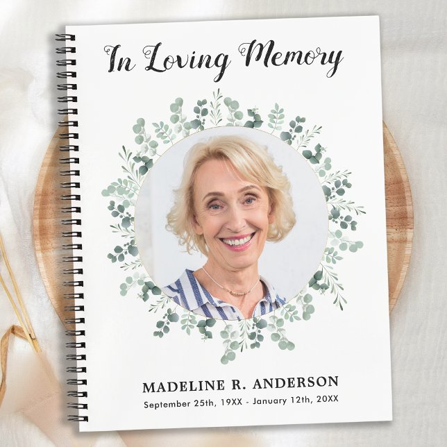 Modern Memorial Eucalyptus Photo Funeral Guestbook Notebook (Creator Uploaded)