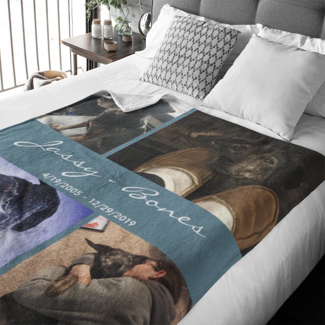 Modern Memorial Pet Photo Collage Teal Fleece Blanket (Capture precious pet moments with our Modern Pet Photo Collage Fleece Blanket.)