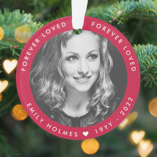 Modern Memorial   Pink Forever Loved Photo Tribute Ornament