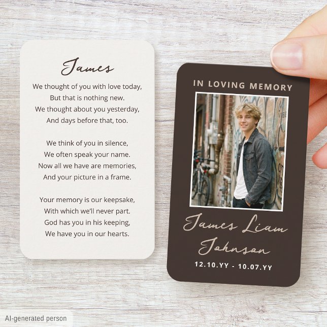 Modern Memorial Sympathy Photo Card Script Brown (Creator Uploaded)