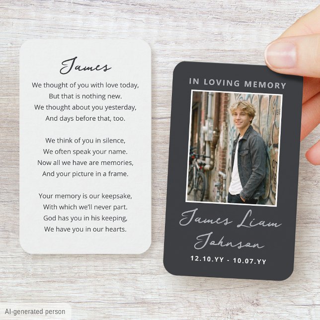 Modern Memorial Sympathy Photo Card Script Grey (Creator Uploaded)