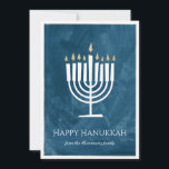 Modern Menorah Hanukkah Card with Photo Backer<br><div class="desc">This Happy Hanukkah card features modern and fun menorah illustration stands out against a textured background on blue that you can change to ANY COLOR using the "customise it" button! The backer is total personalizable with a photo of your choice and a custom text overlay OR clear all of the...</div>