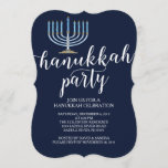 Modern Menorah Hanukkah Celebration Invitation<br><div class="desc">Start your Holiday party off right with our elegant blue Menorah Hanukkah Celebration Party Invitation featuring a light blue menorah set on a navy blue background with modern typography. Make sure all your friends and family members are there to celebrate with you this holiday season! Hanukkah is a favourite time...</div>