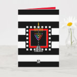 Modern Menorah Shabbat Shalom Card<br><div class="desc">This distinctively-stylish card features a modern,  colourful menorah over bold black-and-white stripes.  Interior card bordered and coordinated for your writing pleasure and says,  "Shabbat Shalom".  ~ karyn</div>