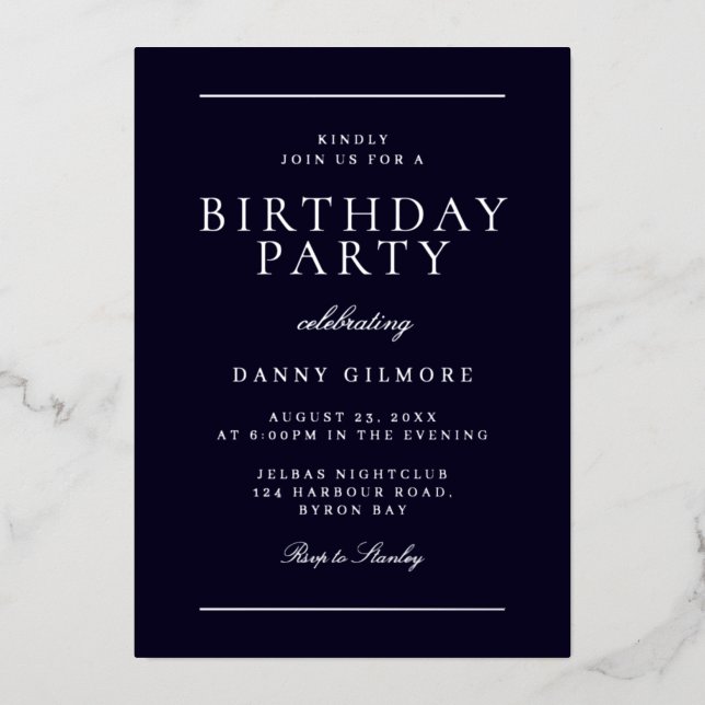 Modern Mens Birthday Party Black & Silver (Front)