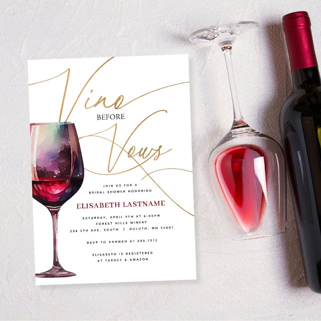 Modern Merlot Gold Vino Before Vows Bridal Shower Invitation (Creator Uploaded)