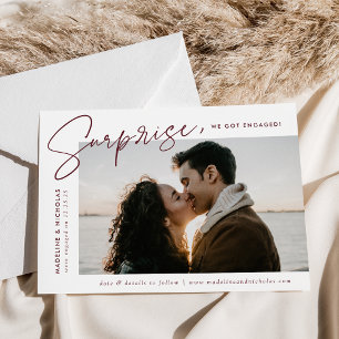 Modern Merlot Script Surprise Photo Engagement Announcement
