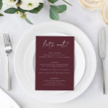 Modern Merlot Wedding Menu with Thank You on Back<br><div class="desc">Merlot / Burgundy / Wine Wedding Menu: This modern wedding menu doubles as a thank you. It features handwriting text on a merlot background on the front with a sweet thank you message on back. It's the perfect double-sided wedding menu to serve as both a menu and a gift.</div>