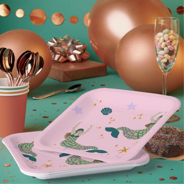 Modern Mermaid Siren Theme Illustration Print Pink Paper Plate (Multi)
