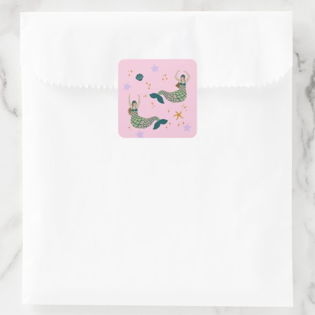 Modern Mermaid Siren Theme Illustration Print Pink Square Sticker (Bag)