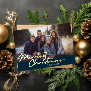 Modern Merriest Christmas 1 Photo Navy Plaid