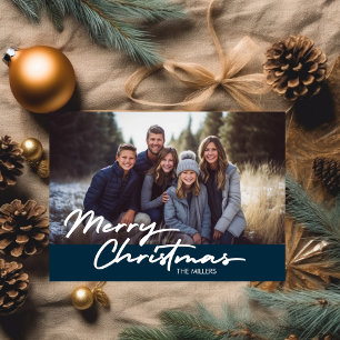 Modern Merriest Christmas 1 Photo Navy Plaid Holiday Card