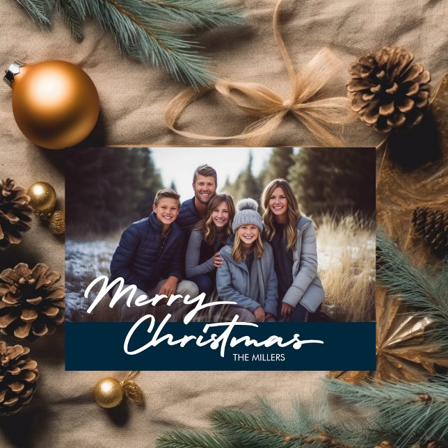 Modern Merriest Christmas 1 Photo Navy Plaid Holiday Card (Modern Merriest Christmas 1 Photo Navy Plaid Holiday Card)