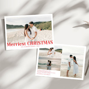 Modern Merriest Christmas Couples Photo Red Holiday Card