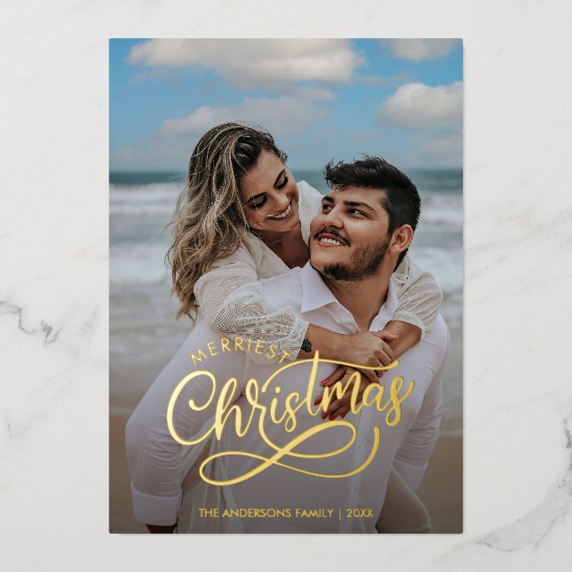 Modern Merriest Christmas Family Photo Name Gold (Front)