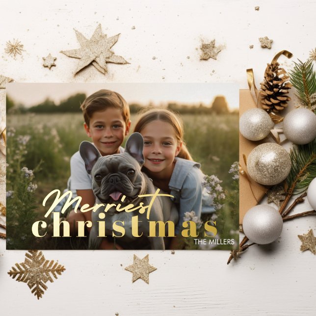Modern Merriest Christmas Minimal 1 Photo Elegant (Modern Merriest Christmas Minimal 1 Photo Elegant Foil Holiday Card)