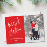Modern Merriest Christmas Photo Red Holiday Card<br><div class="desc">This modern red Christmas card features a photo template for you to replace with your photograph,  and says Merriest Christmas in stylish script typography.</div>
