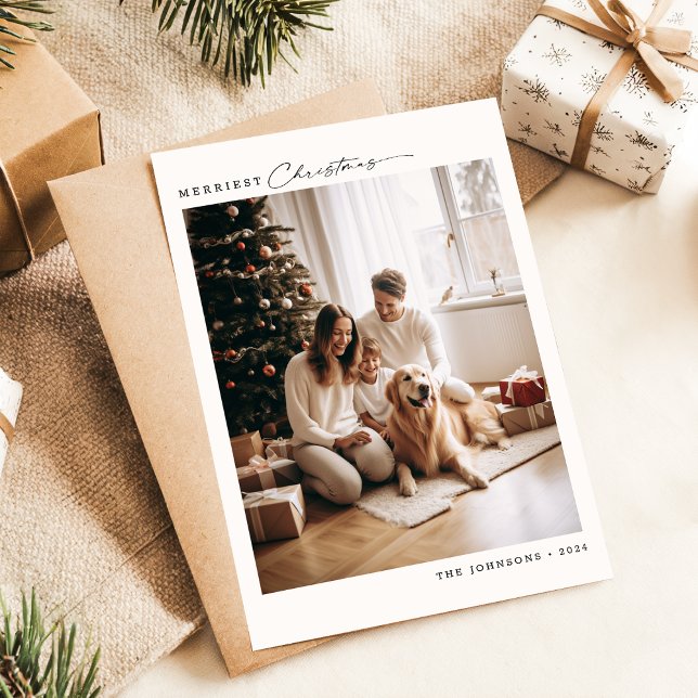 Modern Merriest Family Christmas With Dog Photo Holiday Card (Creator Uploaded)