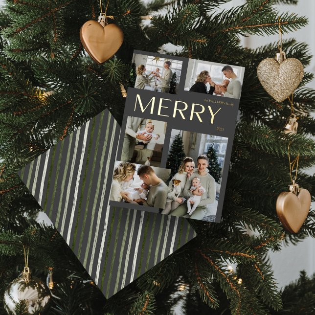 Modern Merry 5 Photo Collage Grey Christmas Gold (Shine Bright! 'MERRY' Gold Foil Holiday Card 🌟🎄 [Add Your Photo])