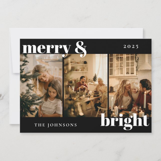 Modern Merry and Bright 3 Photo Holiday Card (Front)