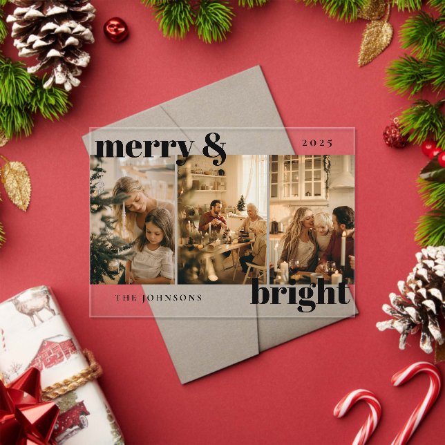 Modern Merry and Bright 3 Photo Holiday Card Acrylic Invitations (Insitu (Holiday))