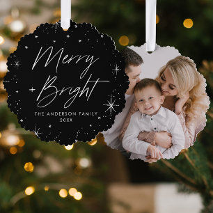 Modern Merry and Bright Black Holiday Photo Tree Decoration Card