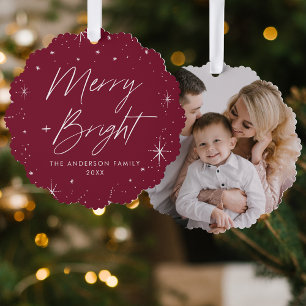 Modern Merry and Bright Burgundy Holiday Photo Tree Decoration Card