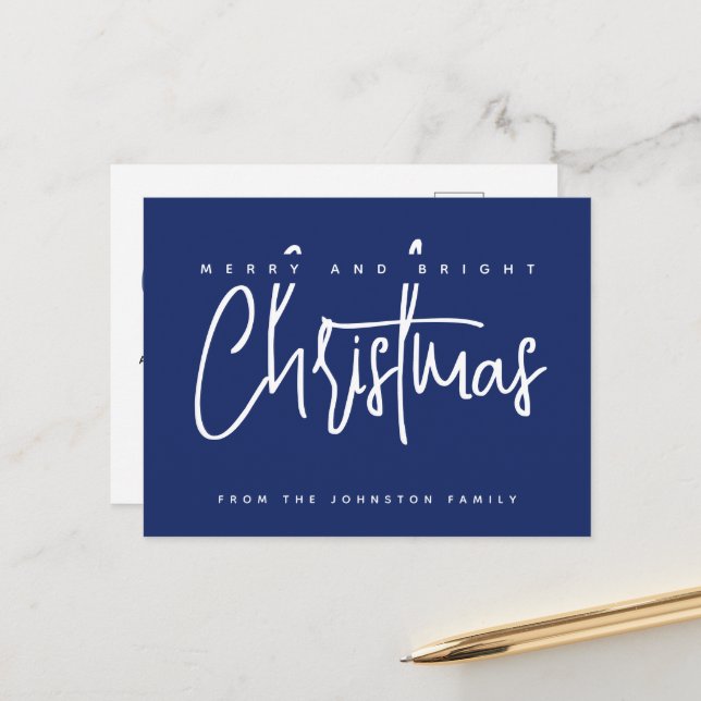 Modern Merry and Bright Christmas simple script Postcard (Front/Back In Situ)