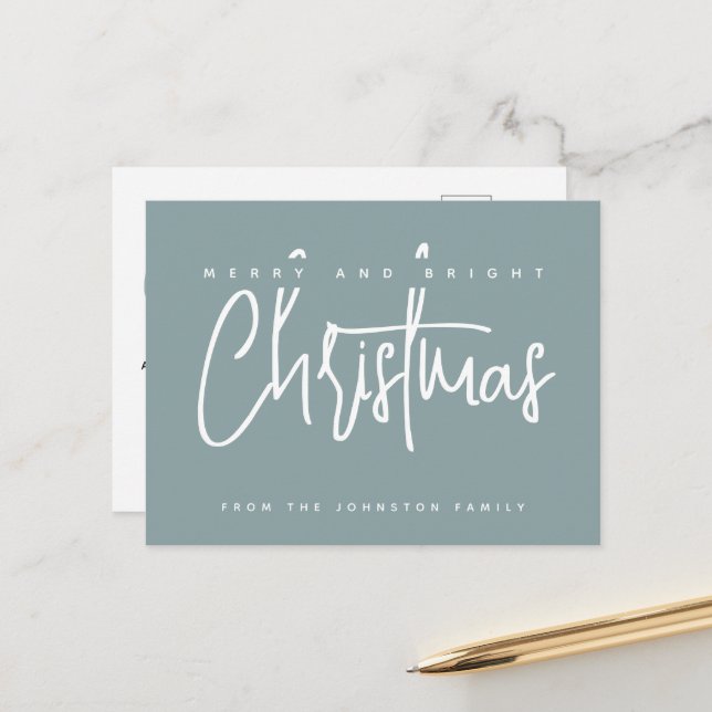 Modern Merry and Bright Christmas simple script Postcard (Front/Back In Situ)