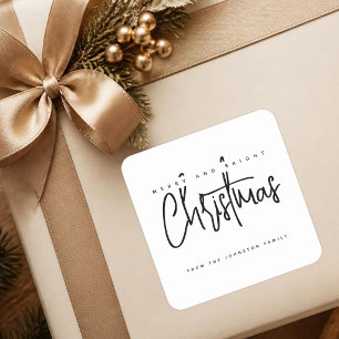 Modern Merry and Bright Christmas simple script Square Sticker