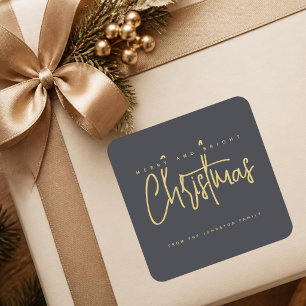 Modern Merry and Bright Christmas simple script Square Sticker