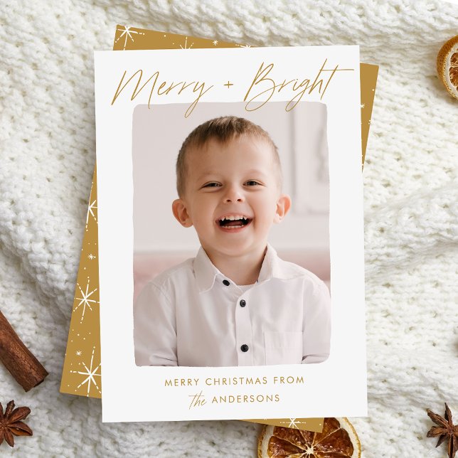 Modern Merry and Bright Gold Script Photo Holiday Card (Creator Uploaded)