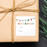 Modern Merry and Bright Holiday Gift Square Sticker<br><div class="desc">Colourful, modern holiday gift stickers featuring a string of Christmas lights at the top of the design. The phrase "Merry & Bright" is featured in trendy typography with shades of red, gold, orange, blush pink, & green. The cute merry and bright gift stickers provide space for the gift recipient's name....</div>
